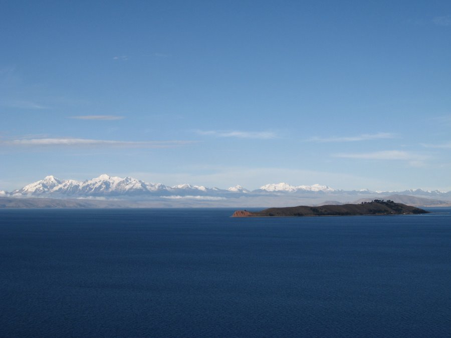 The Cordillera Real and Lake Titicaca seen from the high altiplano