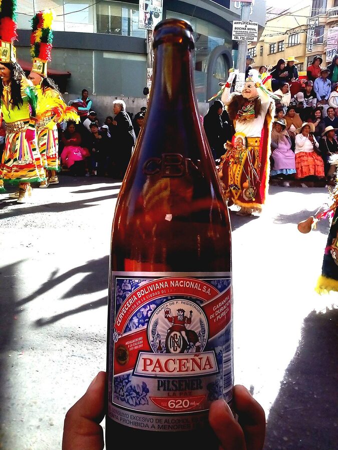A bottle of Paceña beer at the Gran Poder festival in La Paz