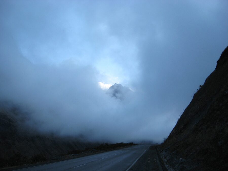 A misty mountain pass in the Bolivian Yungas region