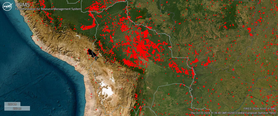NASA FIRMS satellite image of Bolivia fire hotspots in October 2024