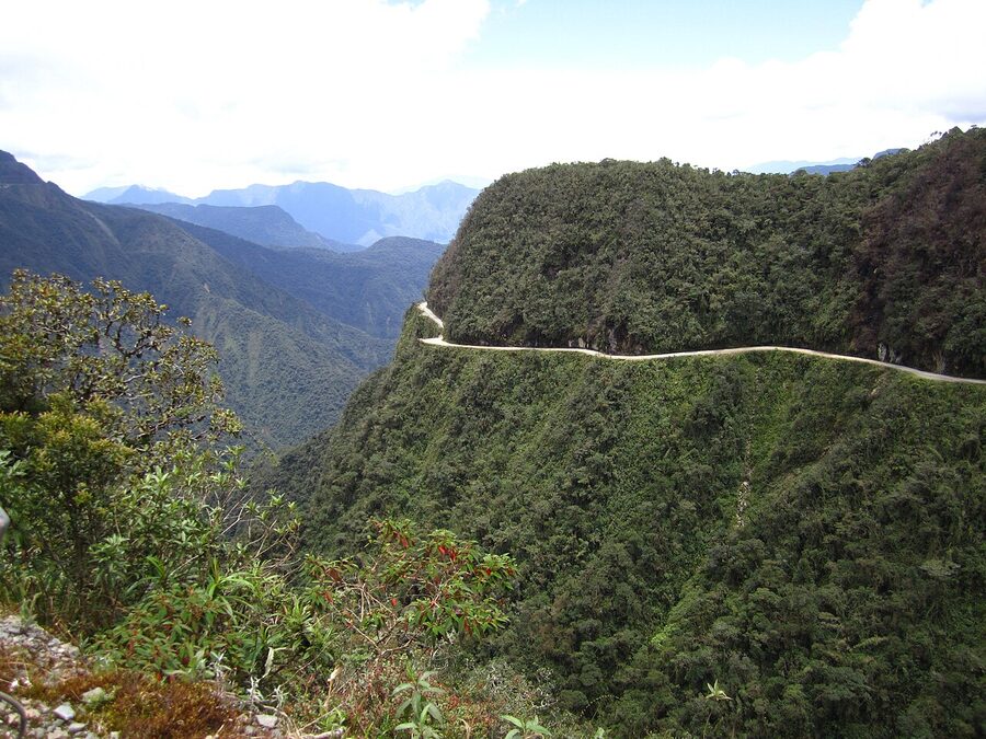 The Yungas Road, also called Death Road, descending from La Paz