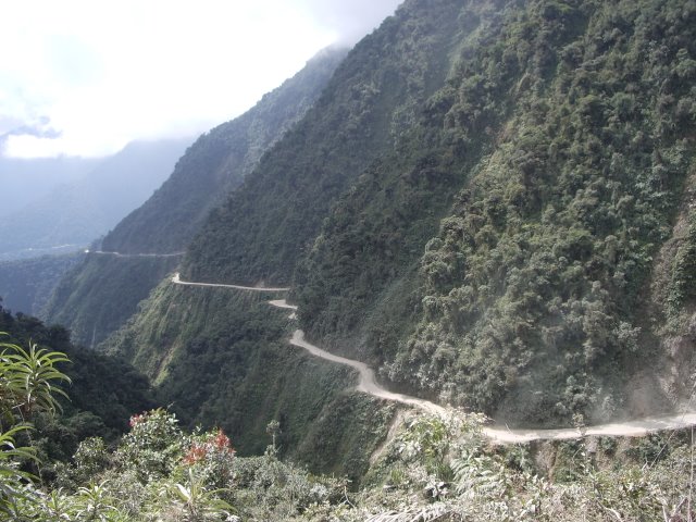 A switchback on the Yungas Road descent into the Bolivian subtropical valleys