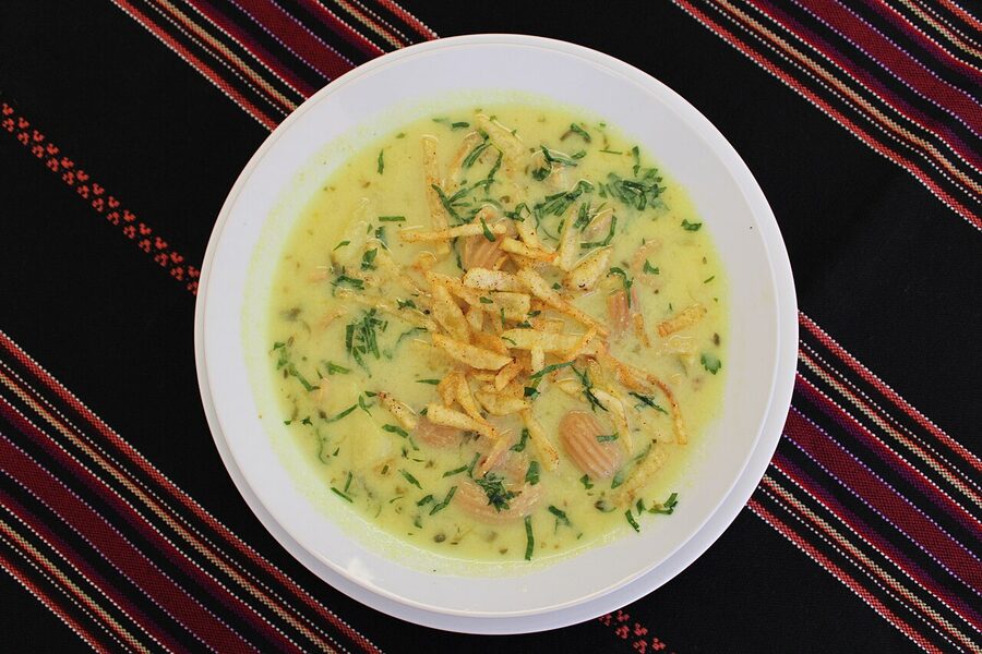 Sopa de maní cochabambino, peanut soup with vegetables and french fries