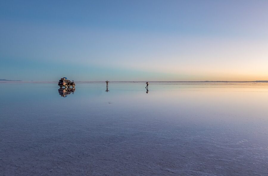 The Salar de Uyuni in the dry season showing hexagonal salt cells
