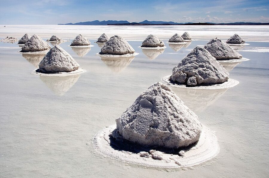 Conical piles of salt drying on the Salar de Uyuni