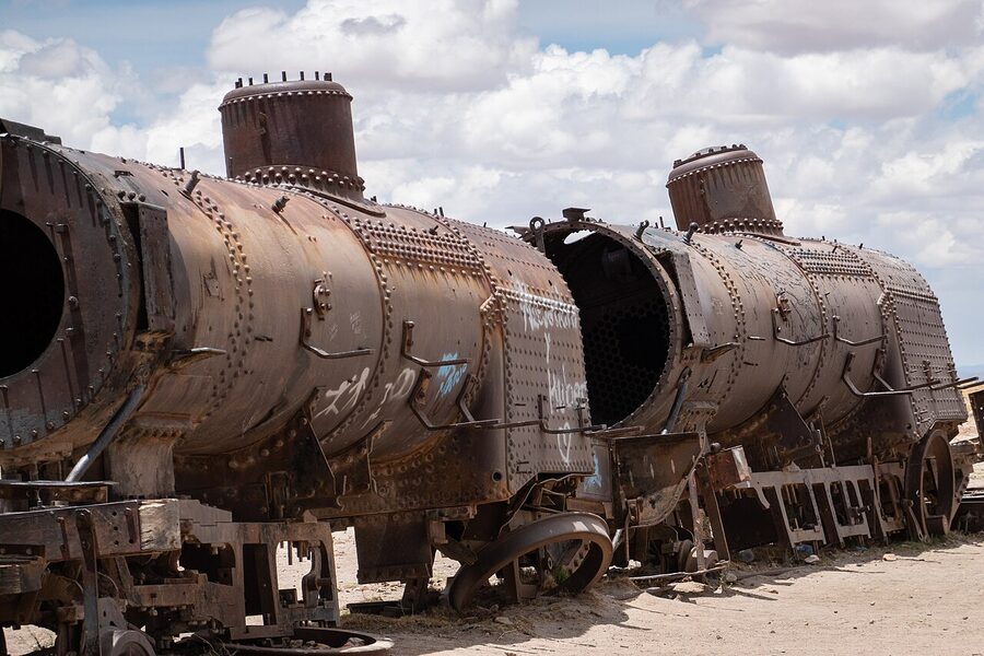 The Uyuni train cemetery, with rusting locomotives in the desert